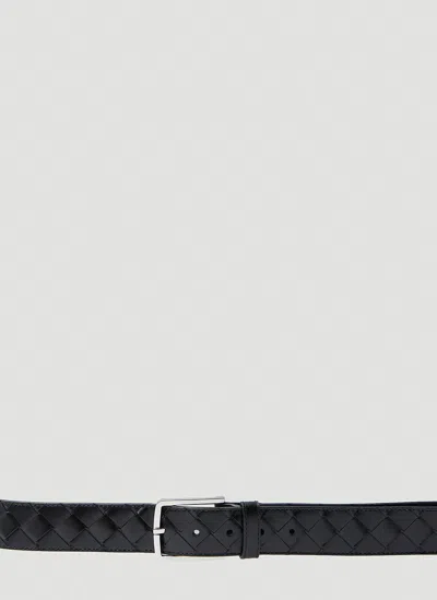 Bottega Veneta Black Belt With Silver-colored Buckle In Intreccio Leather Man