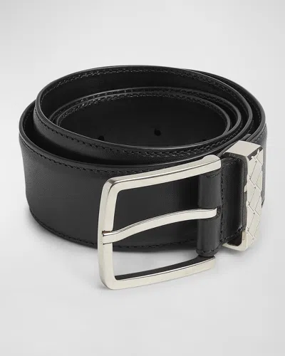Bottega Veneta Men's Intreccio Leather Belt In Black