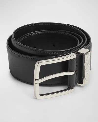 Bottega Veneta Men's Intreccio Leather Belt In Nero-nero