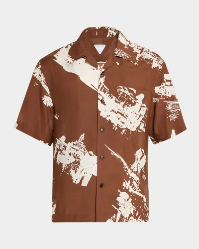 BOTTEGA VENETA MEN'S ITALIAN POSTCARD SILK SHORT-SLEEVE SHIRT