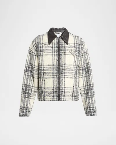 Bottega Veneta Men's Leather-collar Check Boucle Jacket In White