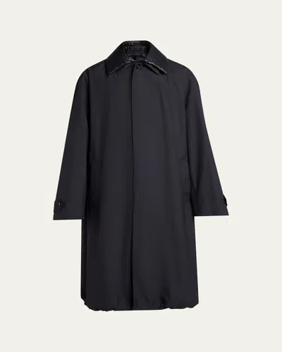 Bottega Veneta Men's Leather Intrecciato-collar Overcoat In Black