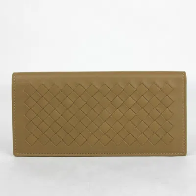 Pre-owned Bottega Veneta Men's Light Brown Leather Woven Long Bifold Wallet 390878 2640