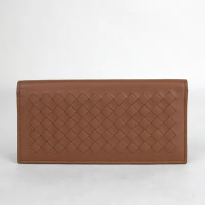 Pre-owned Bottega Veneta Men's Medium Brown Leather Woven Long Bifold Wallet 390878 2531