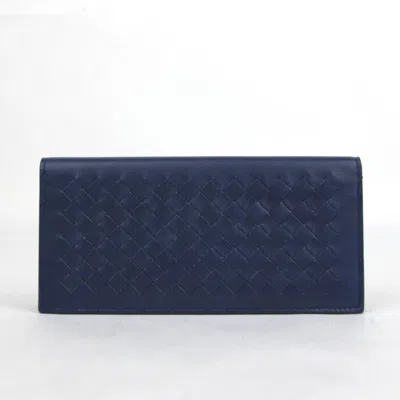 Pre-owned Bottega Veneta Men Navy Blue Leather Intercciaco Long Bifold Wallet 390878 4111