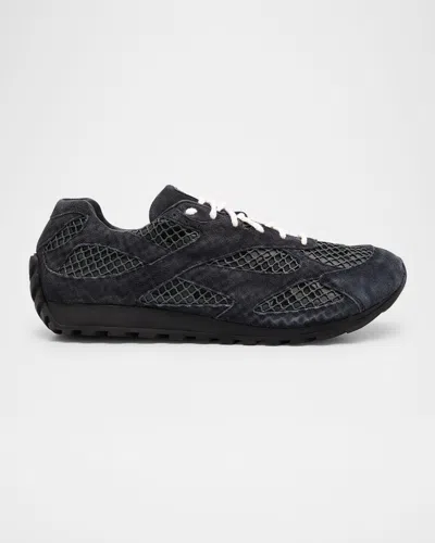 BOTTEGA VENETA MEN'S ORBIT AGED LEATHER AND FISHNET RUNNER SNEAKERS