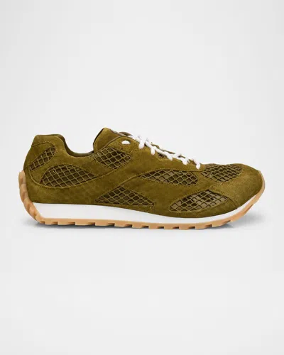 BOTTEGA VENETA MEN'S ORBIT AGED LEATHER AND FISHNET RUNNER SNEAKERS