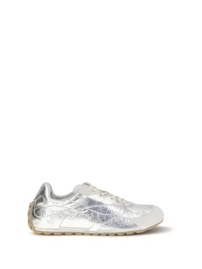 Bottega Veneta Orbit Flash Suede-trimmed Metallic Leather Sneakers In Silver