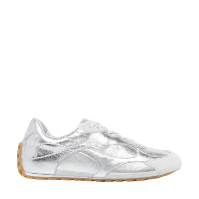 Bottega Veneta Orbit Flash Suede-trimmed Metallic Leather Sneakers In Silver