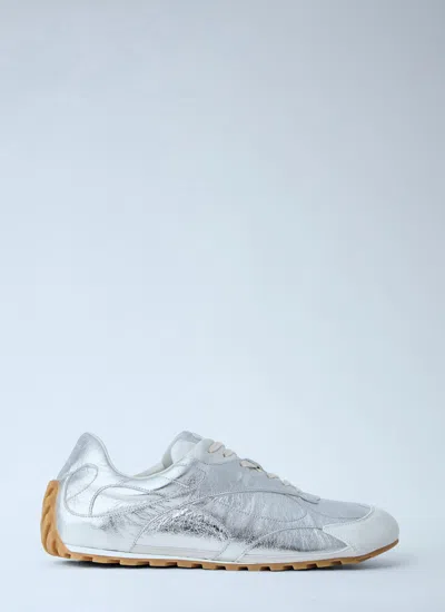 Bottega Veneta Orbit Flash Suede-trimmed Metallic Leather Sneakers In Silver