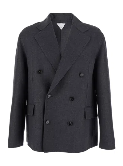 Bottega Veneta Men Grey Double-breasted Coat With Notched Revers In Wool Man In Blue