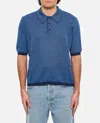 Bottega Veneta Linen Polo With Geometric Jacquard Pattern In Blue