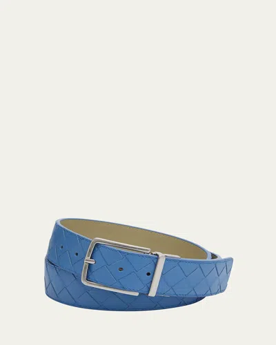 Bottega Veneta Men's Reversible Intrecciato Leather Belt In Surf/travertine-sil