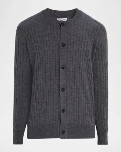 Bottega Veneta Men's Ribbed Wool Cardigan With Leather Buttons