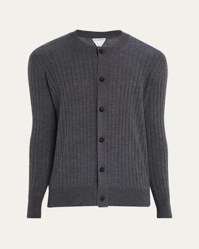 BOTTEGA VENETA MEN'S RIBBED WOOL CARDIGAN WITH LEATHER BUTTONS