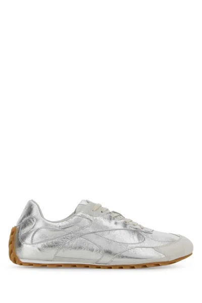Bottega Veneta Orbit Flash Suede-trimmed Metallic Leather Sneakers In Silver