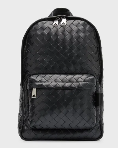 Bottega Veneta Men's Small Intrecciato Leather Backpack In Nero-nero