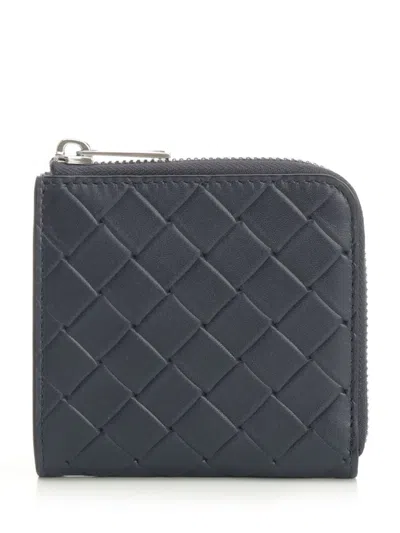 Bottega Veneta Men Square Braided Wallet With Zip In Blue
