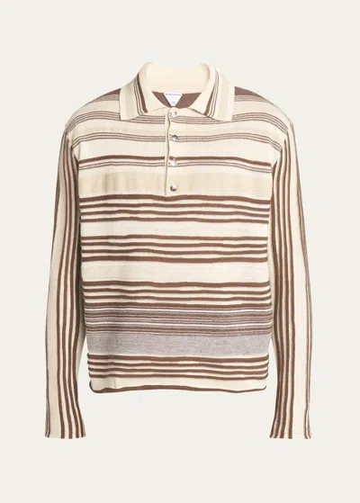 Bottega Veneta Men's Striped Linen-blend Polo Shirt In Noce-moro