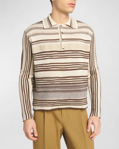 BOTTEGA VENETA MEN'S STRIPED LINEN-BLEND POLO SHIRT