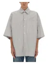 Bottega Veneta Striped Overshirt With Bv Embroidery In Gray