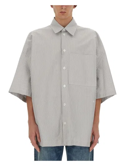 Bottega Veneta Men's Striped Overshirt With Bv Embroidery In Grey