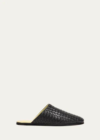 BOTTEGA VENETA MEN'S SUNDAY OPEN-BACK INTRECCIATO LEATHER SLIPPERS
