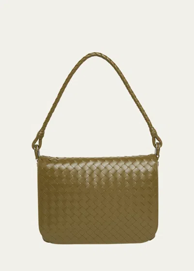 Bottega Veneta Men's Swing Small Intrecciato Leather Crossbody Bag In Kaki-vintage Silv