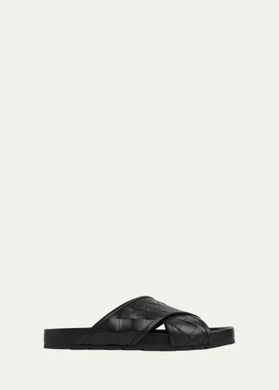 Bottega Veneta Men's Tarik Intrecciato Leather Crisscross Sandals In Black