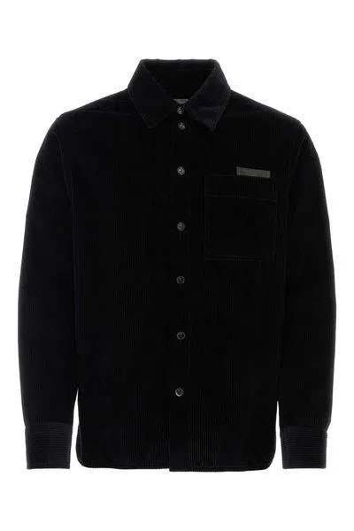 Bottega Veneta Navy Leather Trim Shirt In 4246 Midnight Blue