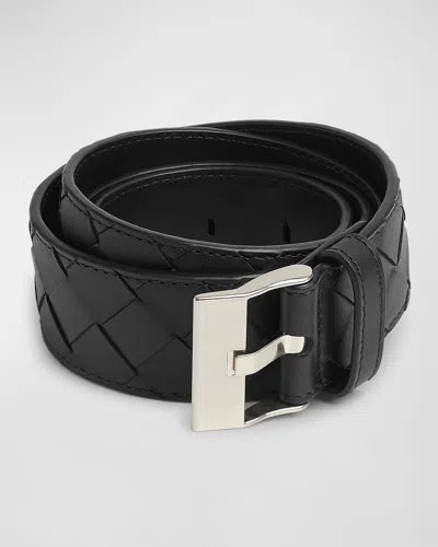 Bottega Veneta Men's Watch-buckle Intrecciato Leather Belt In Nero