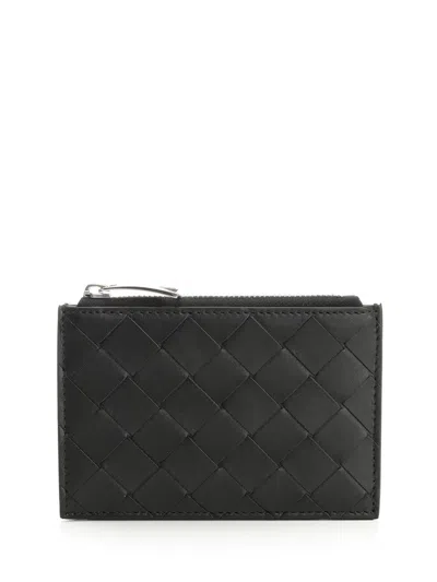 Bottega Veneta Men Woven Card Holder With Zip In Black