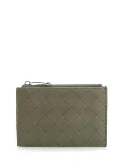 Bottega Veneta Men Woven Card Holder With Zip In Green