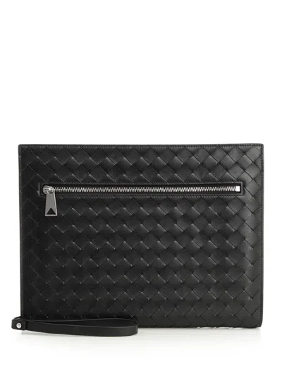 Bottega Veneta Men Woven Document Holder With Strap In Black