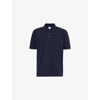 BOTTEGA VENETA MENS ABYSS MELANGE BRAND-EMBROIDERY SHORT-SLEEVES RELAXED-FIT COTTON-PIQUÉ POLO SHIRT