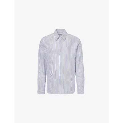 Bottega Veneta Mens  Striped-print Long-sleeves Regular-fit Cotton And Linen-blend Shirt In Blue Chestnut