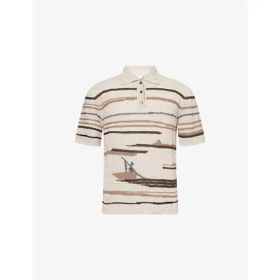 Bottega Veneta Mens Bone Truffle Chalk Graphic-embroidered Cotton And Linen-blend Polo Shirt In Neutral