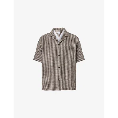 Bottega Veneta Mens Check-print Camp-collar Relaxed-fit Woven-blend-shirt Talc Brown Black