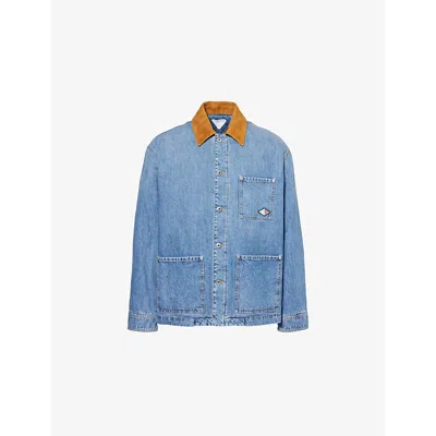 BOTTEGA VENETA MENS MID BLUE CONTRAST-COLLAR EMBROIDERED-BRANDED REGULAR-FIT DENIM JACKET