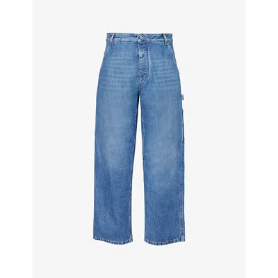 Bottega Veneta Mens Mid Blue Vintage Cargo Patch-pocket Wide-leg Relaxed-fit Denim Trousers