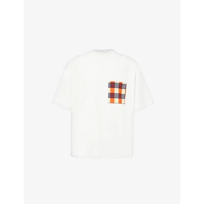 Bottega Veneta Mens Gingham Pocket Crew-neck Cotton T-shirt Chalk