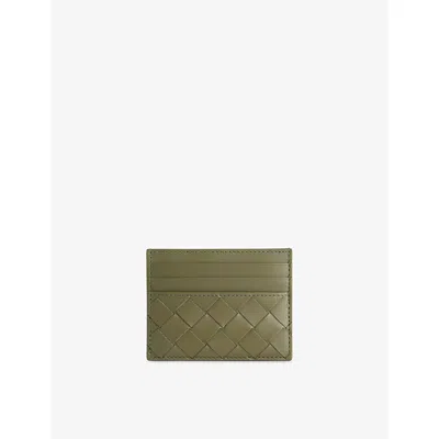 BOTTEGA VENETA MENS CROCODILE-SILVER INTRECCIATO LEATHER CARD HOLDER