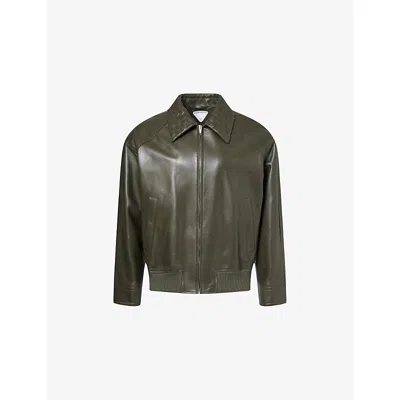 Bottega Veneta Mens Intrecciato-collar Leather Blouson Jacket Dark Forest