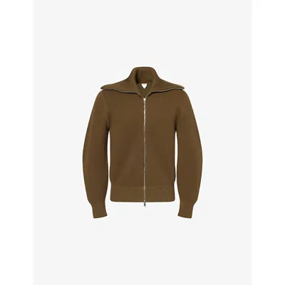 Bottega Veneta Mens Dark Moss Oversized-collar Ribbed Wool-and-cotton Cardigan In Green
