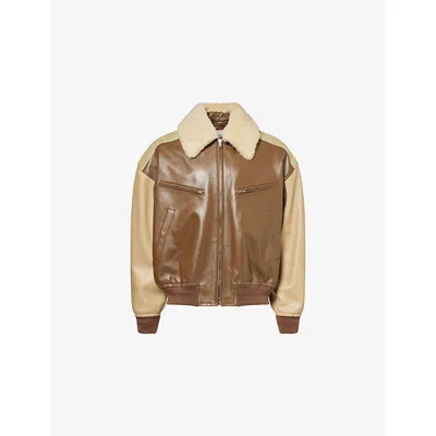 Bottega Veneta Mens Dk Moss Sesame Trav Suede-panels Fur-collar Leather Jacket In Brown