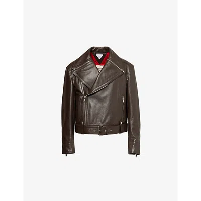 Bottega Veneta Mens Ebony Glossy Belted-hem Leather Biker Jacket