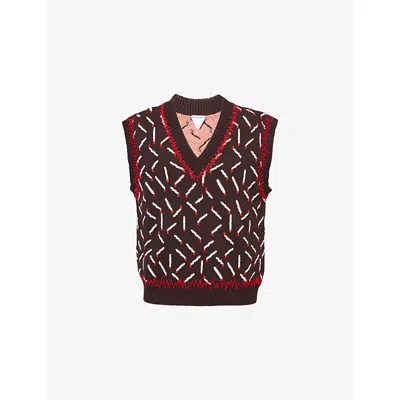 BOTTEGA VENETA MENS EBONY/CHALK/TOMATO MATCHES EMBROIDERED COTTON-BLEND GILET