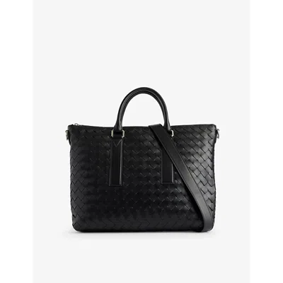 Bottega Veneta Intrecciato Soft Brown Calf Leather Briefcase In Black-silver