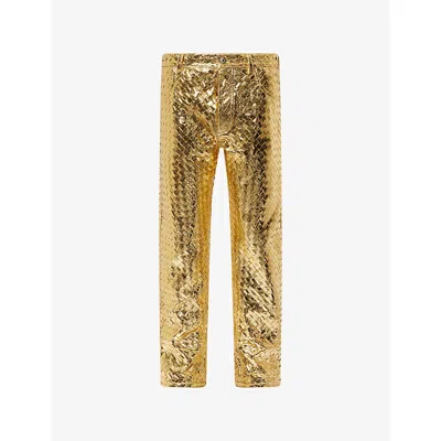 Bottega Veneta Mens Intrecciato-weave Straight-leg Laminated-leather Trousers Metallic Gold