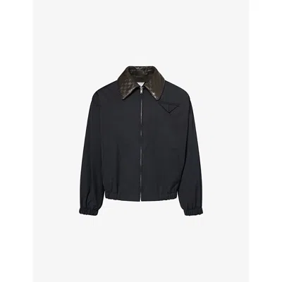 Bottega Veneta Mens Midnight Blue Intrecciato-collar Blouson Cotton-blend Jacket